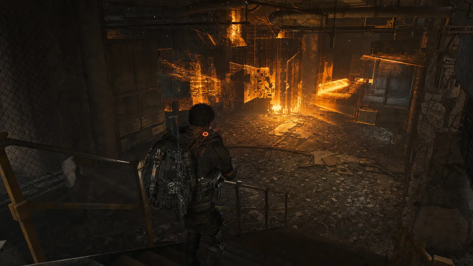 A Division 2 agent descends a stairwell into a dark underground facility lit by glitching orange holographic light, as if entering a simulat