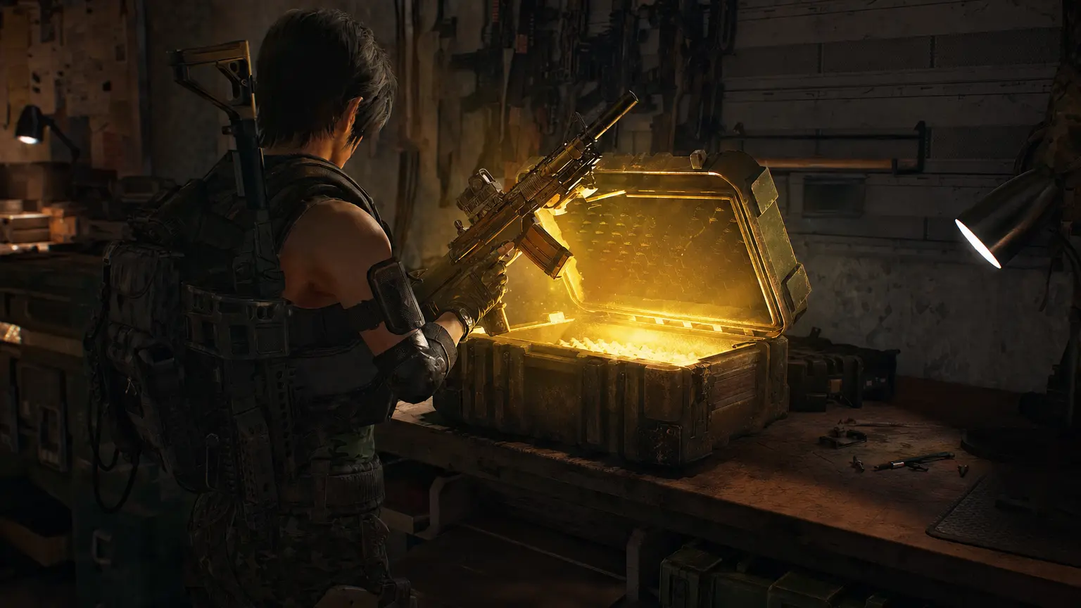 A Division 2 agent in a dim safehouse armory opens a glowing golden-orange high-end loot cache on a workbench, a rare exotic rifle lifted ou