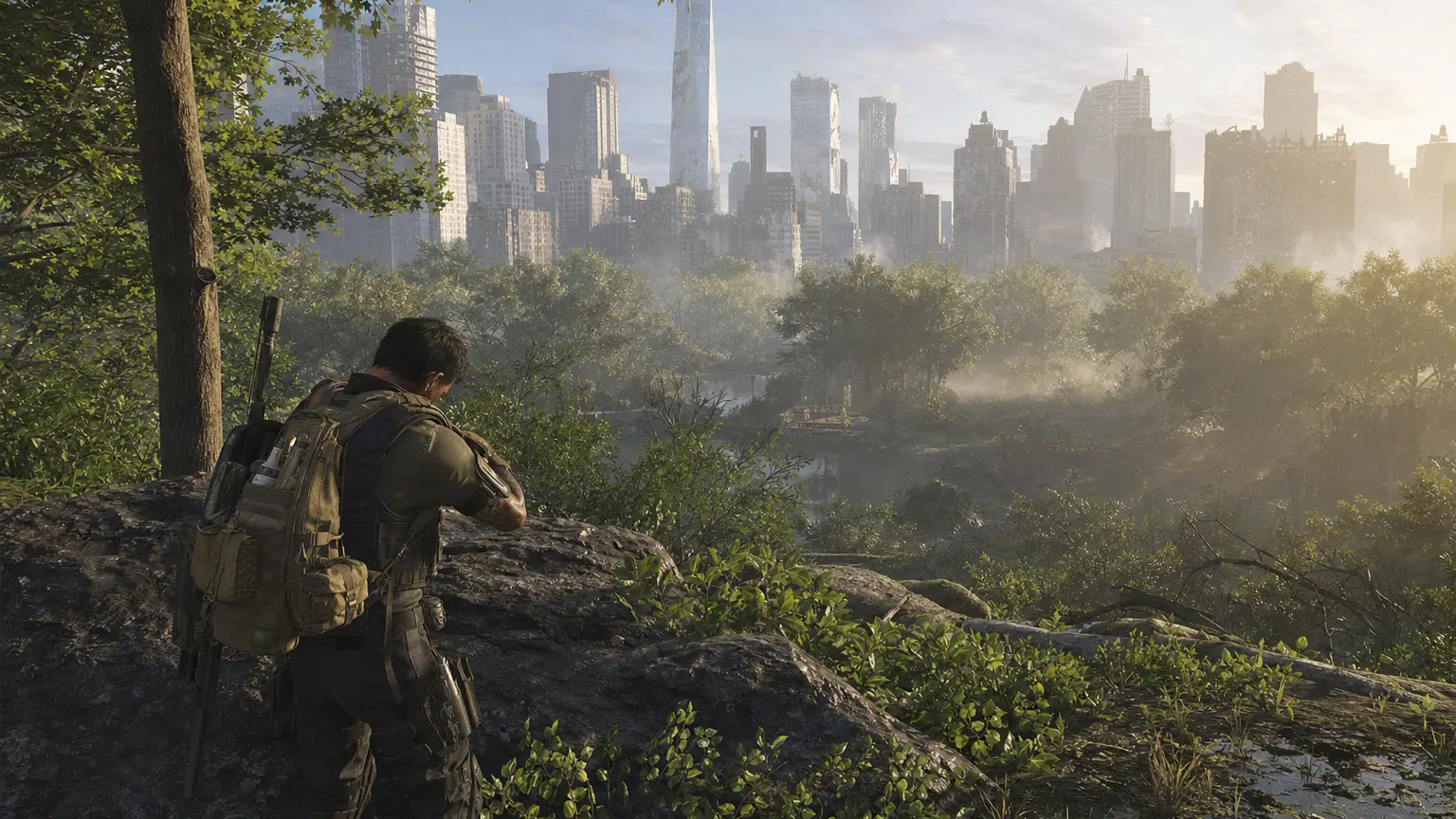 A Division 2 agent stands at the edge of an overgrown, misty Central Park in New York, checking a backpack full of gear, the ruined Manhatta