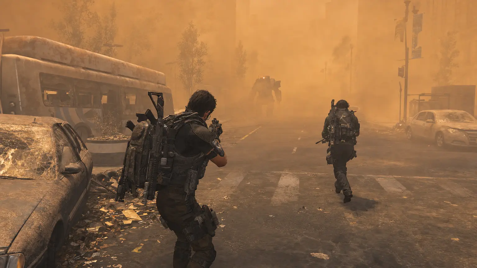 Two Division 2 agents push through a Washington D.C. avenue engulfed by a thick brown-orange dust storm, visibility low, a hulking heavily a