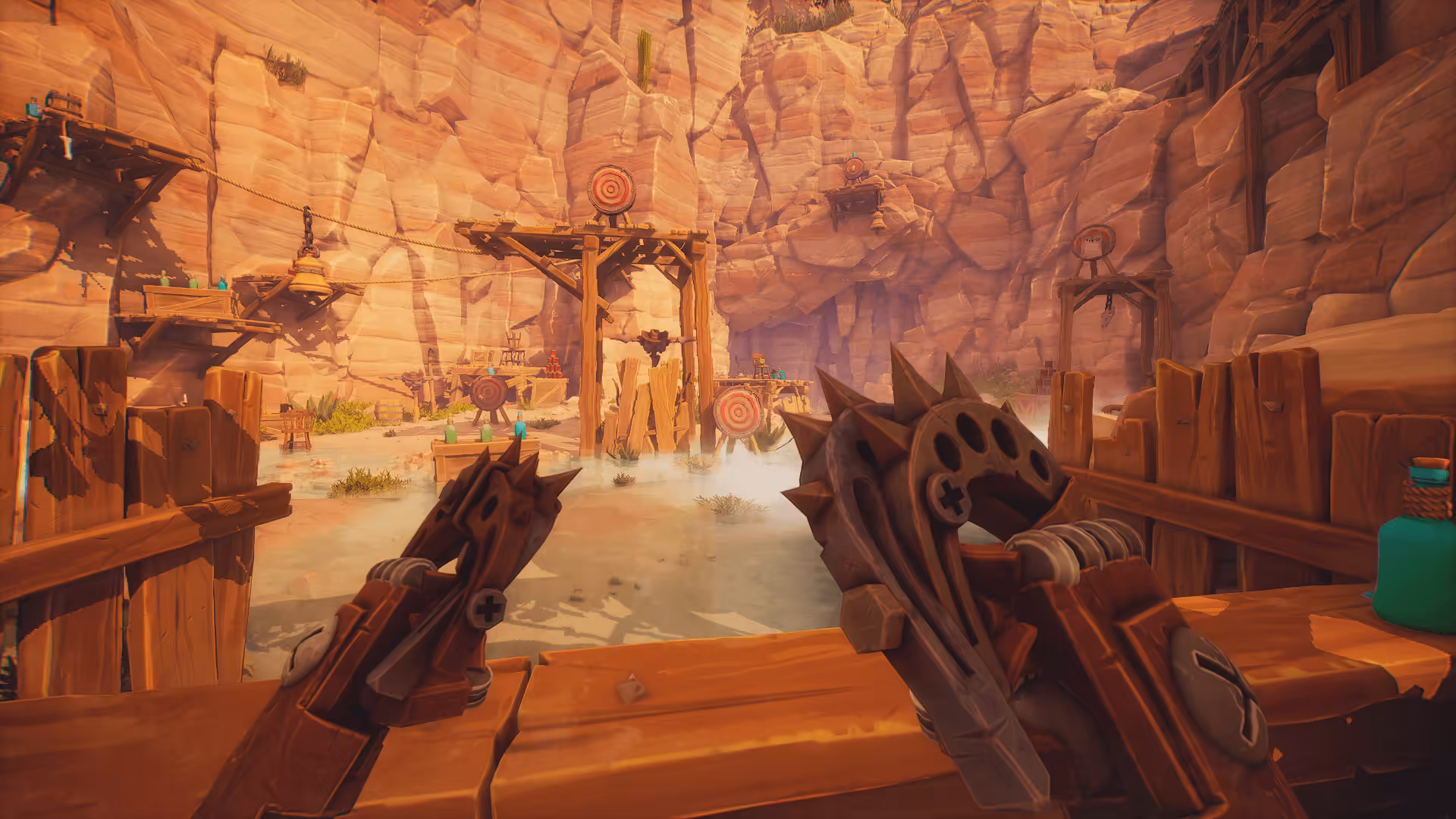 First-person view of the Knuckles melee weapon on a canyon shooting range in Far Far West