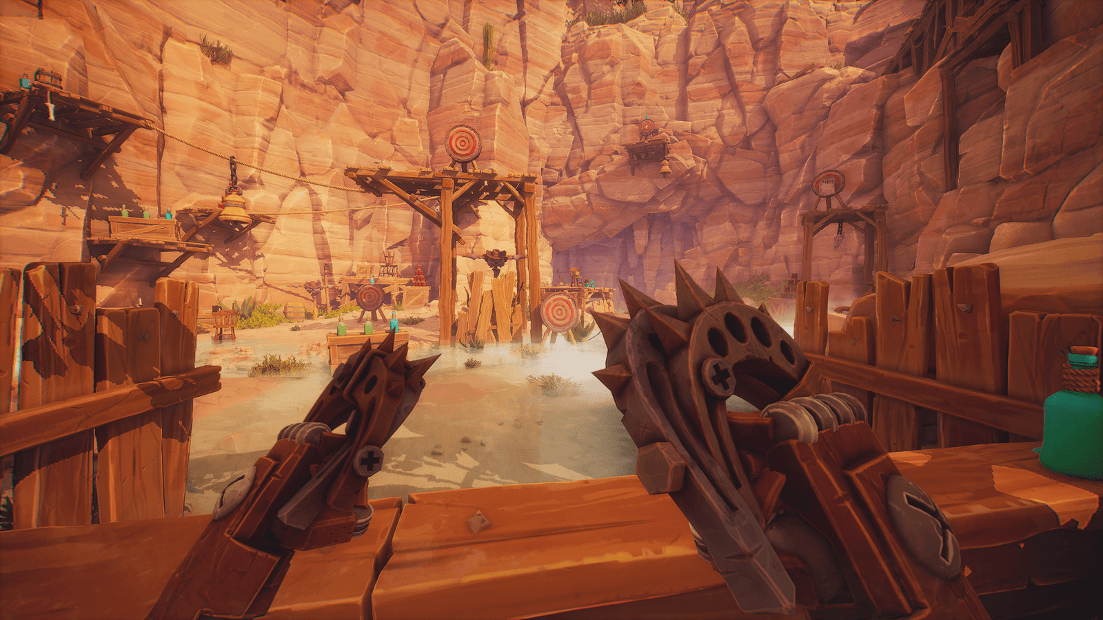First-person view of the Knuckles melee weapon on a canyon shooting range in Far Far West