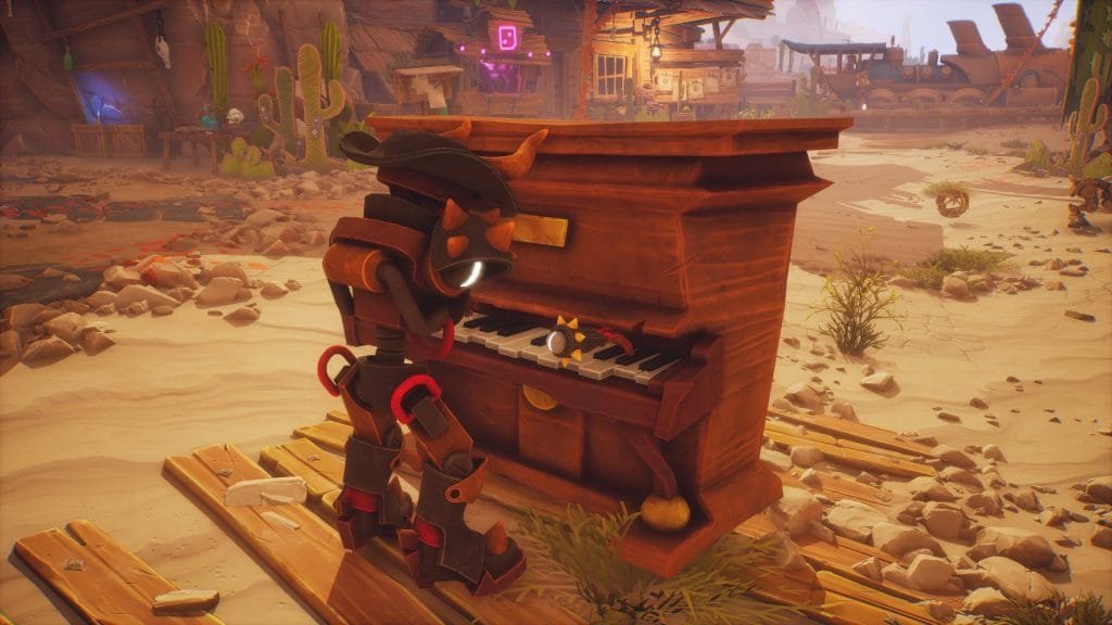 An outlaw robot playing an upright piano in a desert town in Far Far West