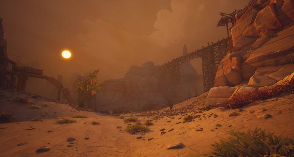 A dust-red canyon with a wooden rail bridge in Far Far West