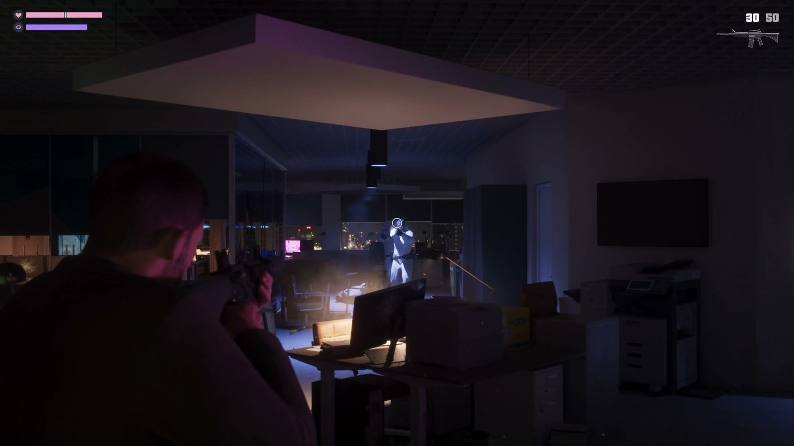 Over-the-shoulder rifle fire across a darkened office at night in Grand Theft Auto VI