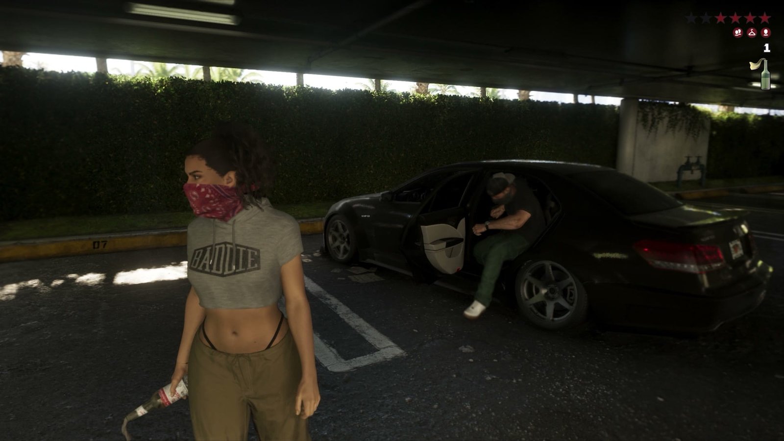 Lucia in a bandana walking away from a car in a parking garage in Grand Theft Auto VI, with four of six wanted stars lit and three crime icons below them