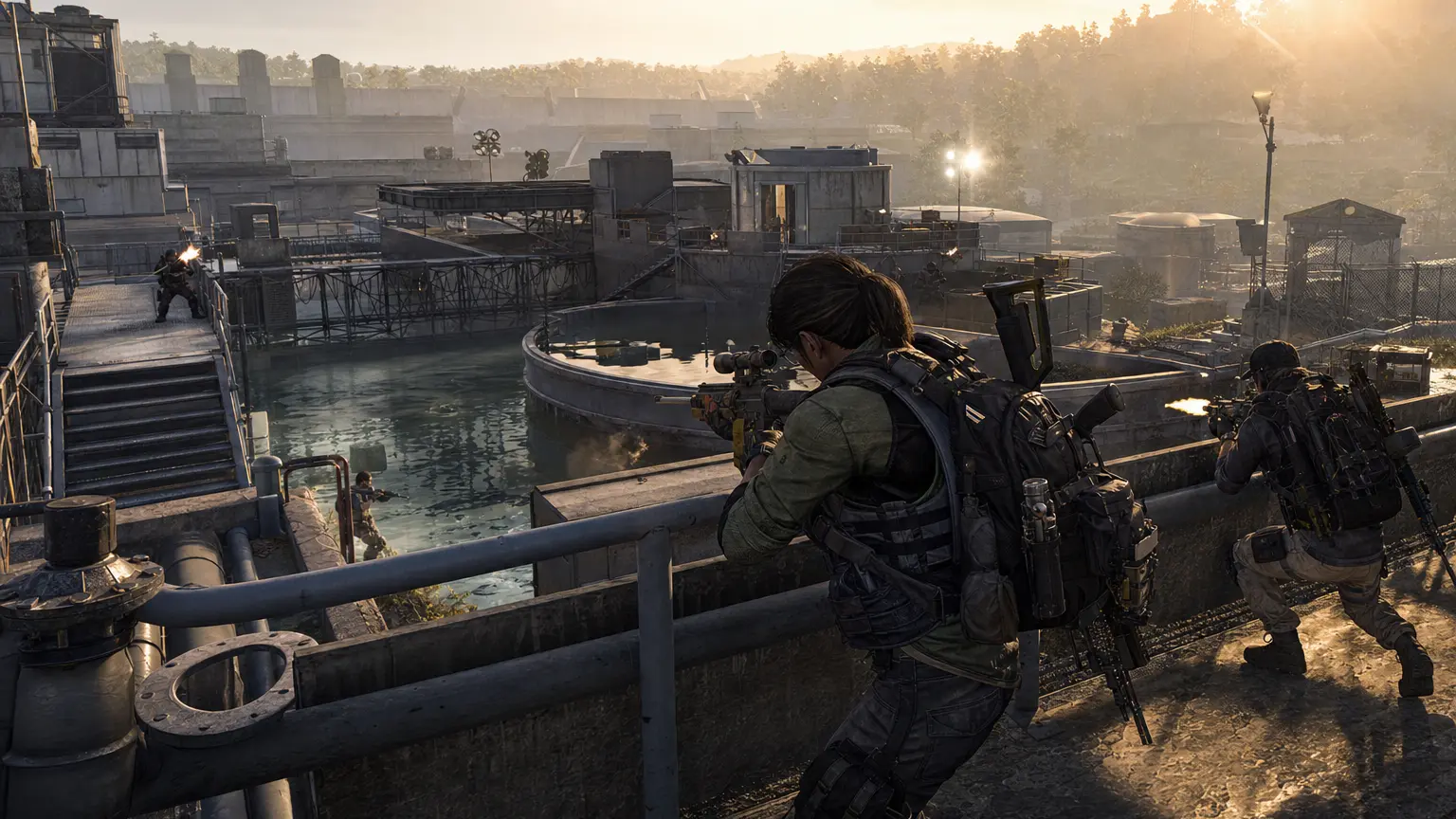 A squad of Division 2 agents assaults a fortified water treatment facility at a reservoir at dawn: large concrete tanks, catwalks, pipes and