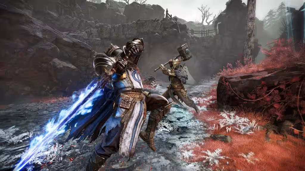 A hunter with a glowing blue sword facing a horned enemy swinging a warhammer in Mistfall Hunter
