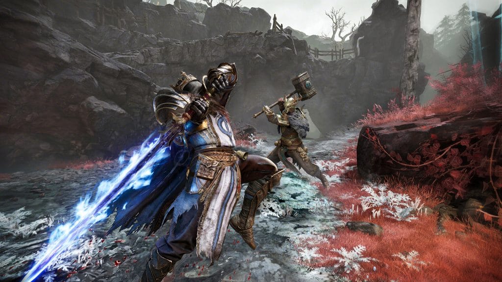 A hunter with a glowing blue sword facing a horned enemy swinging a warhammer in Mistfall Hunter