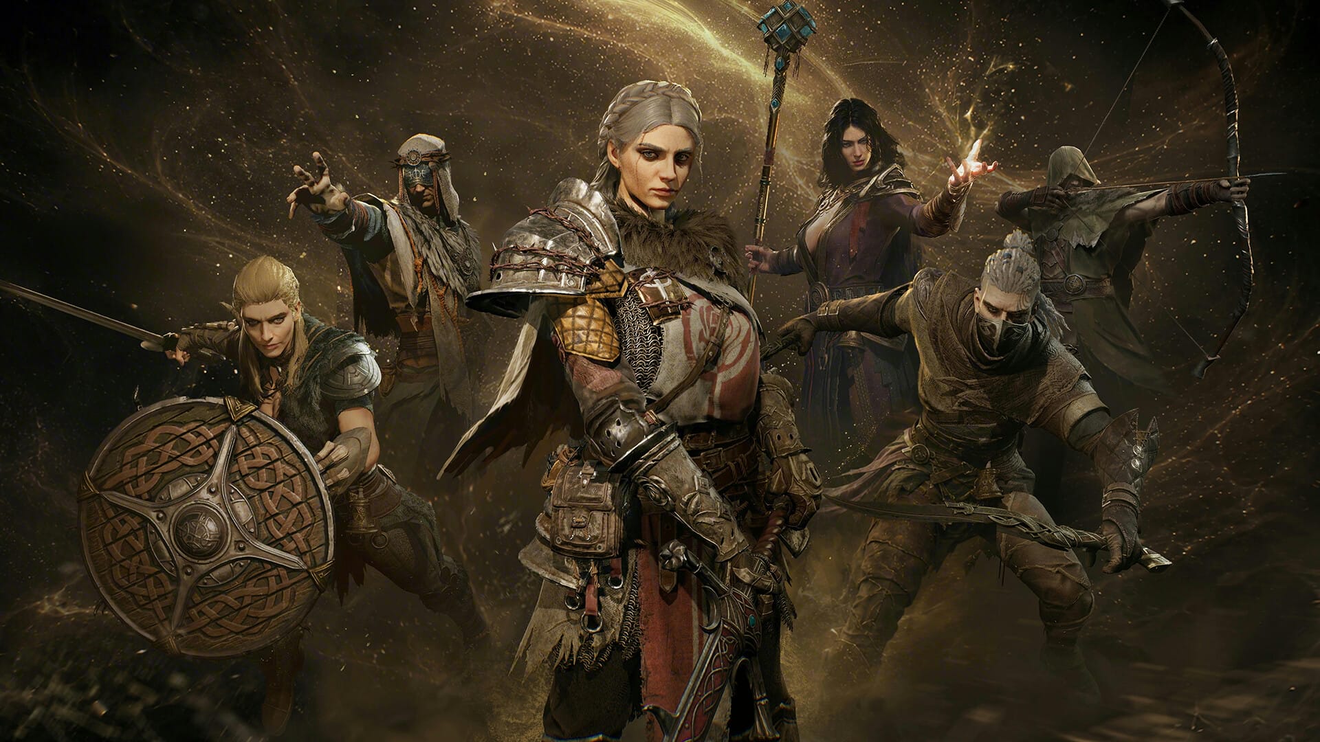 Six Mistfall Hunter characters posed together with shield, staff, bow and blades