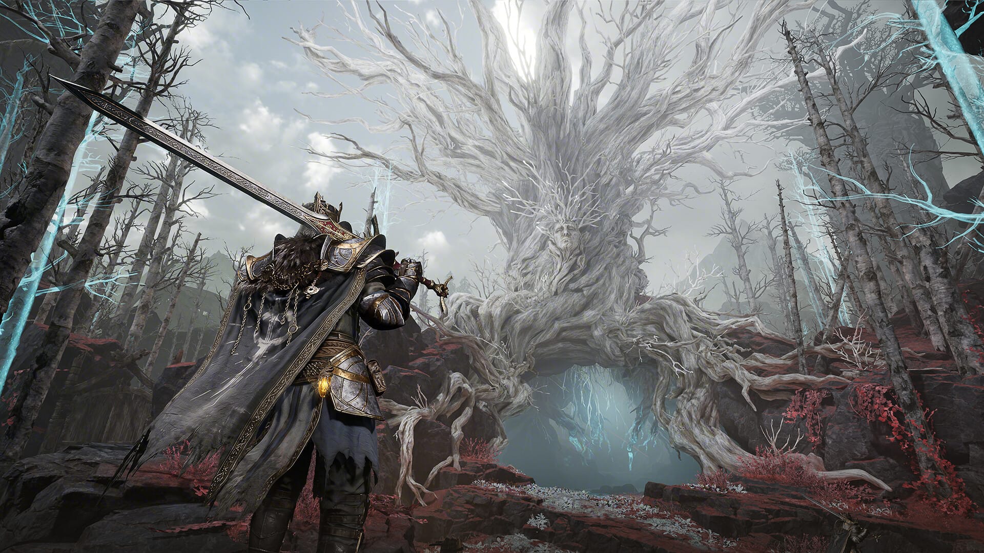 A knight with a greatsword facing a huge pale dead tree with a face in its trunk in Mistfall Hunter