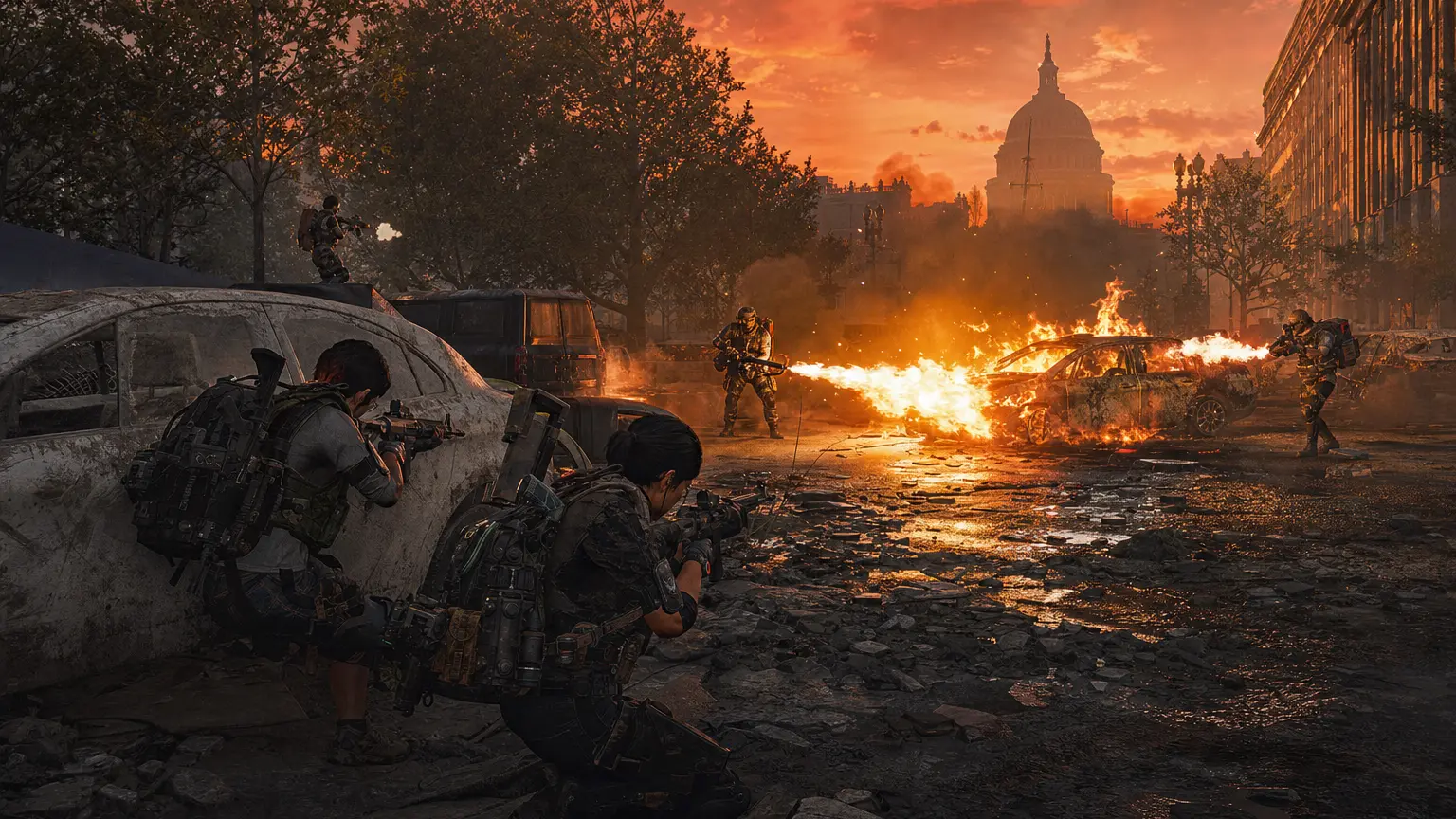 Division 2 agents take cover as enemies with flamethrowers set a Washington D.C. street ablaze under a deep red sunset horizon, burning cars