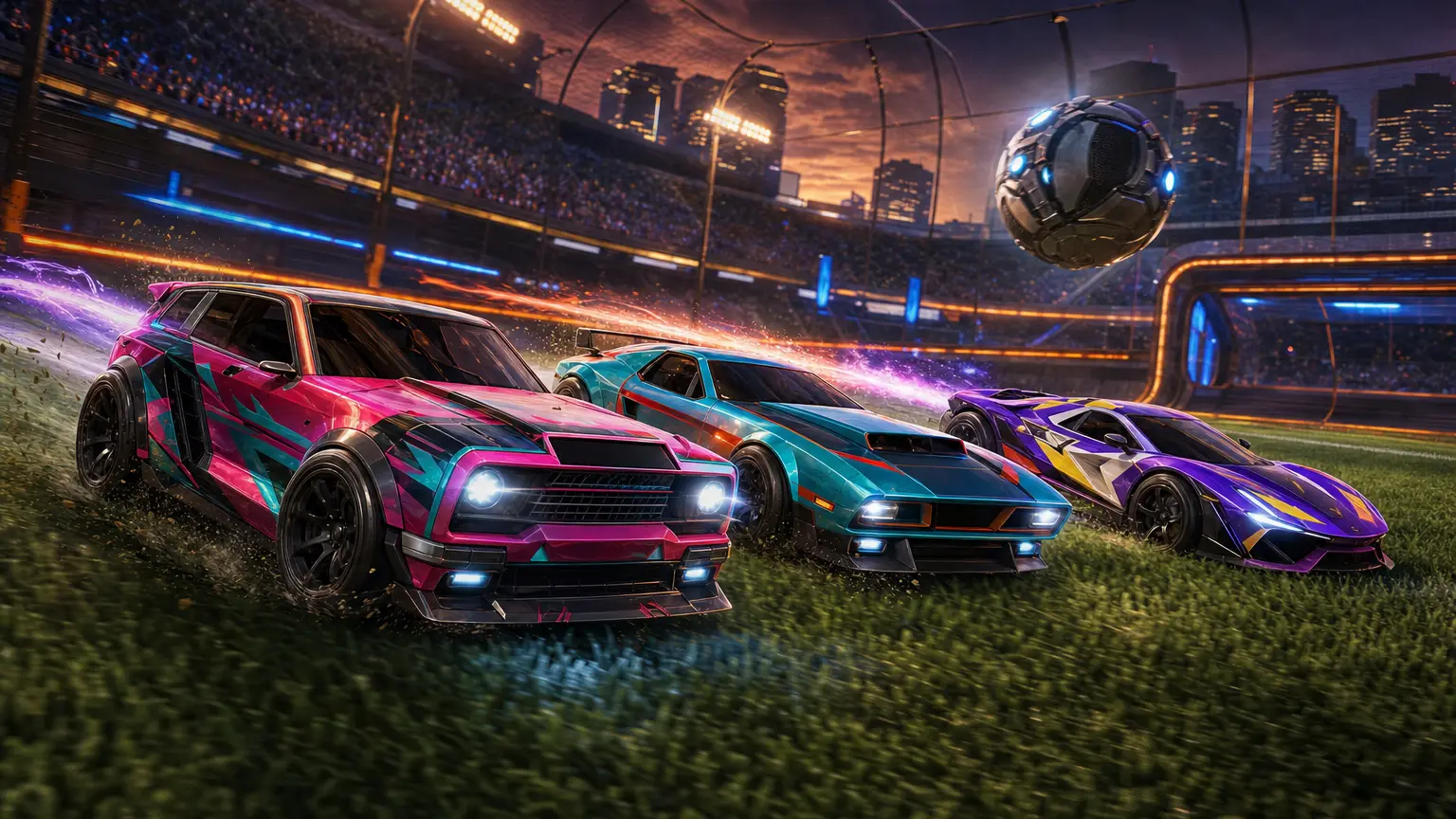 Season 24 battle-cars boosting across the grass toward the goal at dusk
