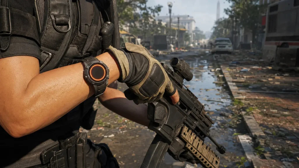 Close-up of a Division 2 agent's wrist wearing the SHD watch, its face showing only a glowing orange ring with no numbers or text, the agent