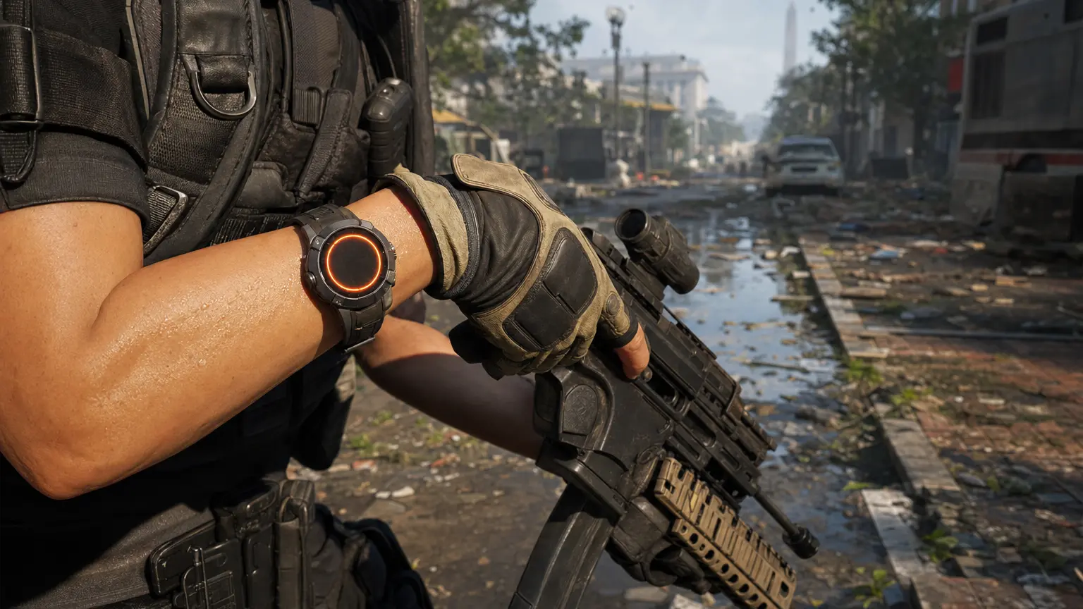 Close-up of a Division 2 agent's wrist wearing the SHD watch, its face showing only a glowing orange ring with no numbers or text, the agent