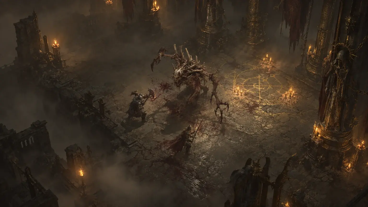 Two armored fighters battling a large bone-armored monster in a torch-lit dungeon corridor.