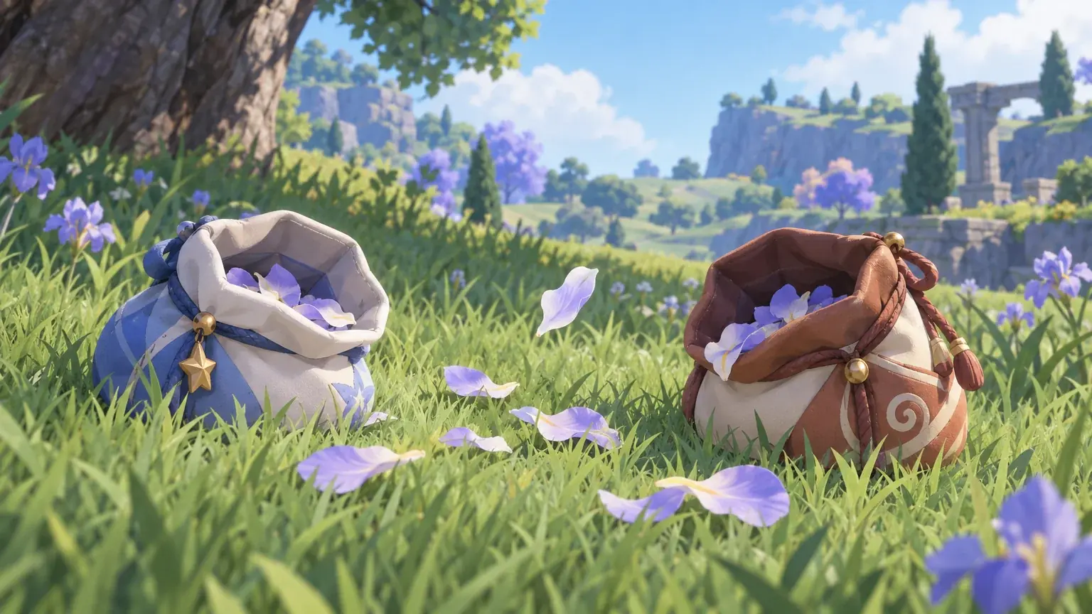 Two open pouches on grass share a single scattered pile of pale petals between them.