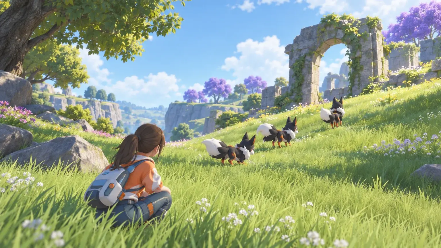 A trainer crouches near a small pack of fox-like Aniimo on a grassy hillside.