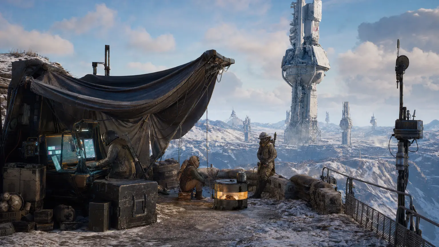 A fortified snowy outpost with a glowing research workstation and raiders by a heater