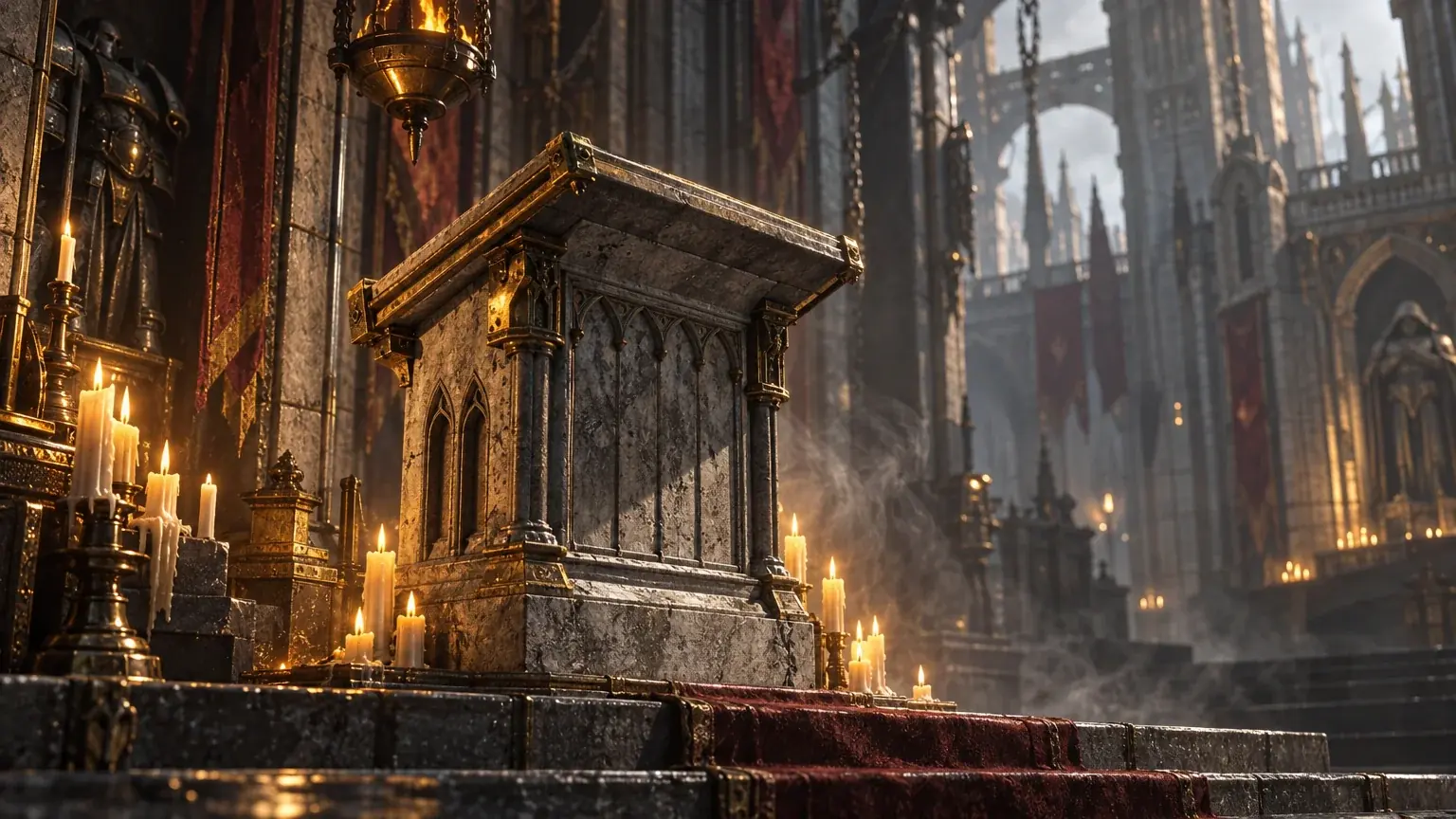 An empty carved stone lectern lit by a hanging lamp in a shadowed armoury alcove.