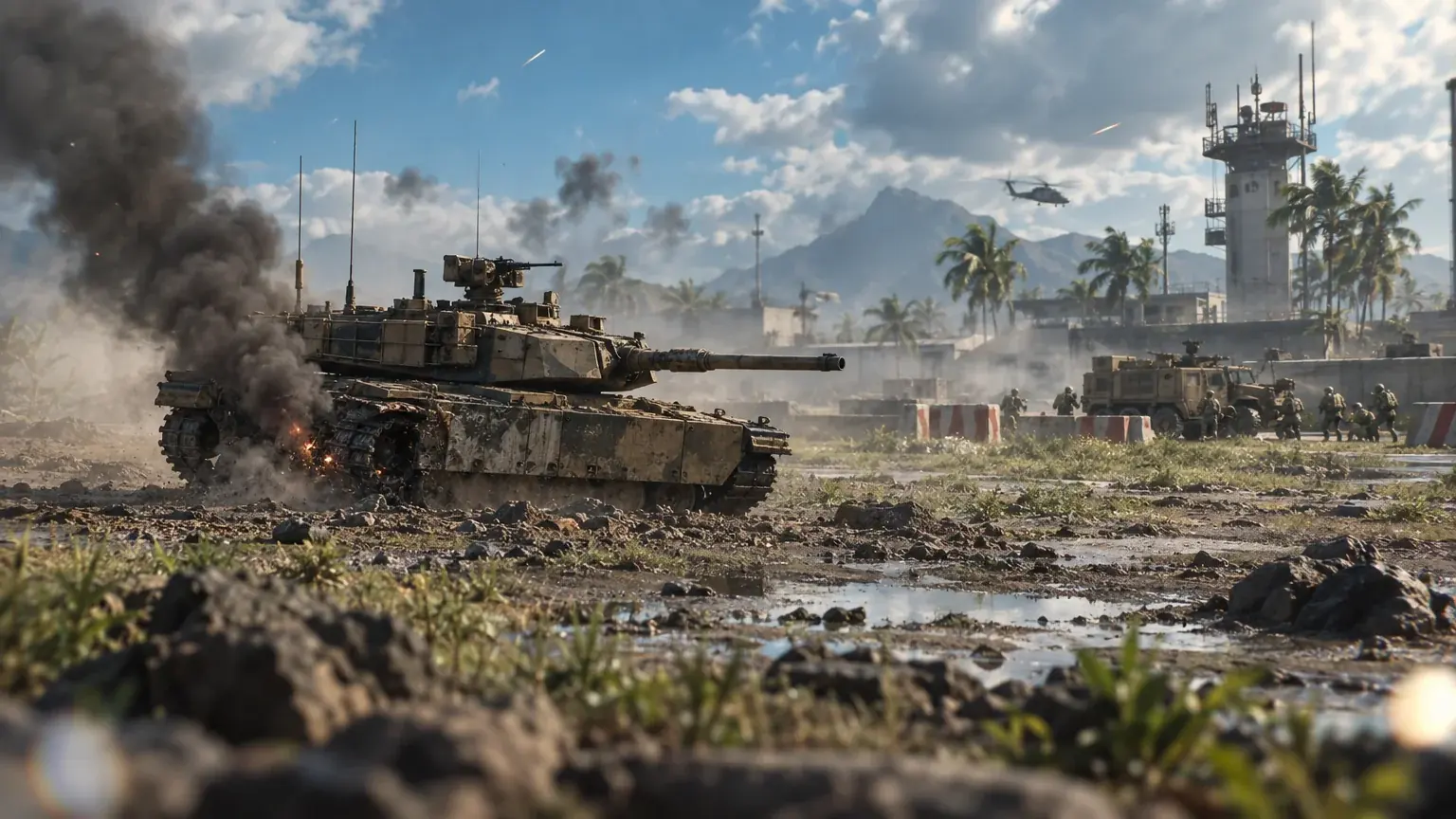 A tank sits in open ground with no friendly Engineer nearby and its infantry far behind.