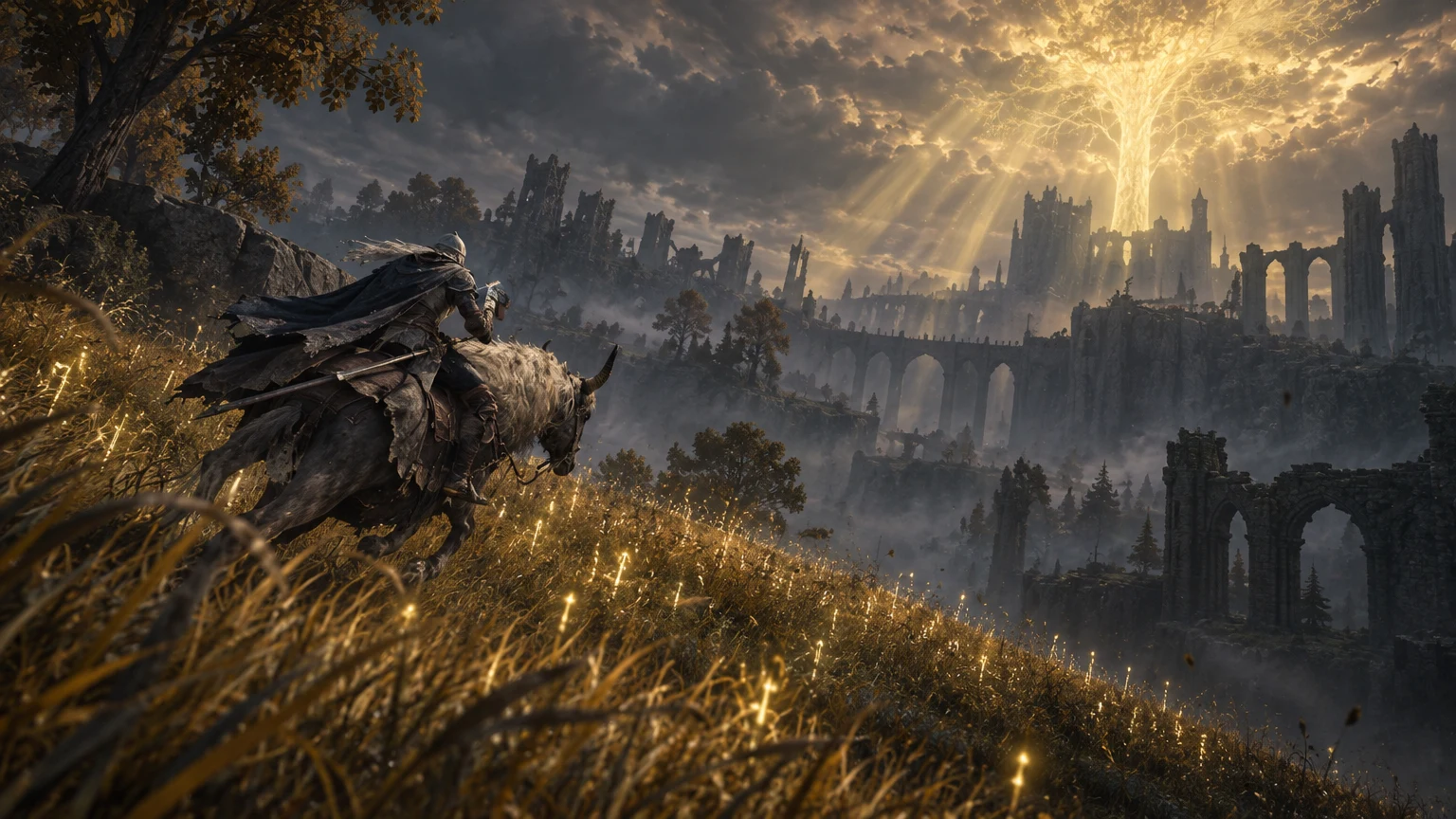 Elden Ring — rune farming route at golden hour