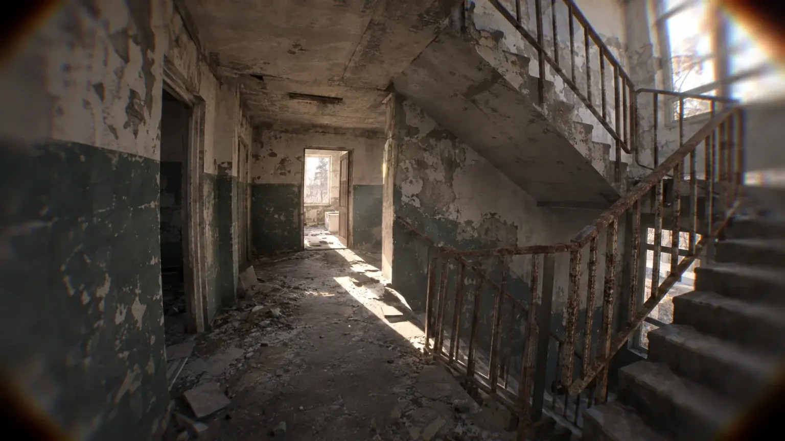 An empty derelict interior corridor with a rusted stairwell and light spilling through a doorway.