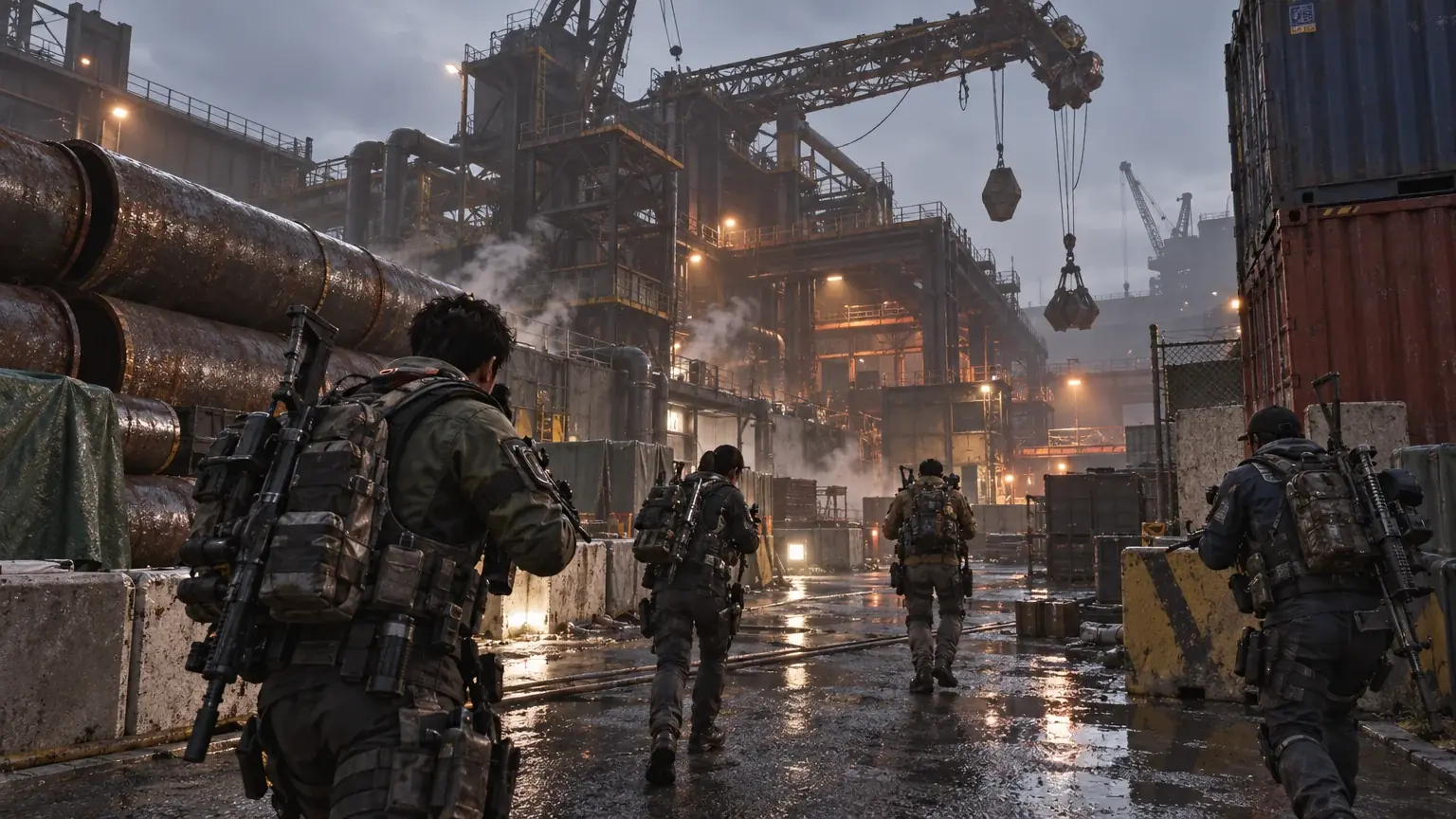 Four armed operatives advance together through a rainy industrial yard at dusk.