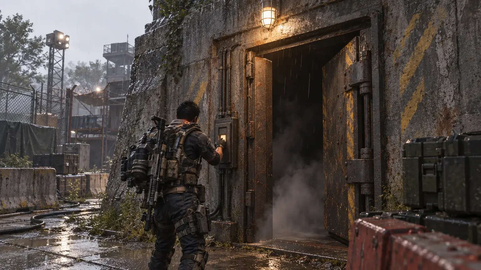 An operative opens a heavy industrial blast door at a bunker entrance in the rain.