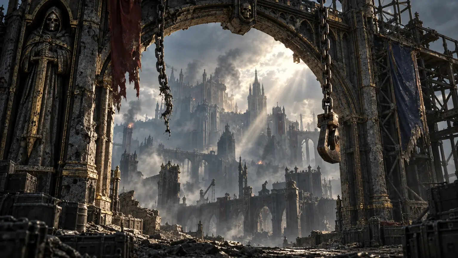 An old stone archway partly lit by dawn light through smoke, framed by chains and banners.