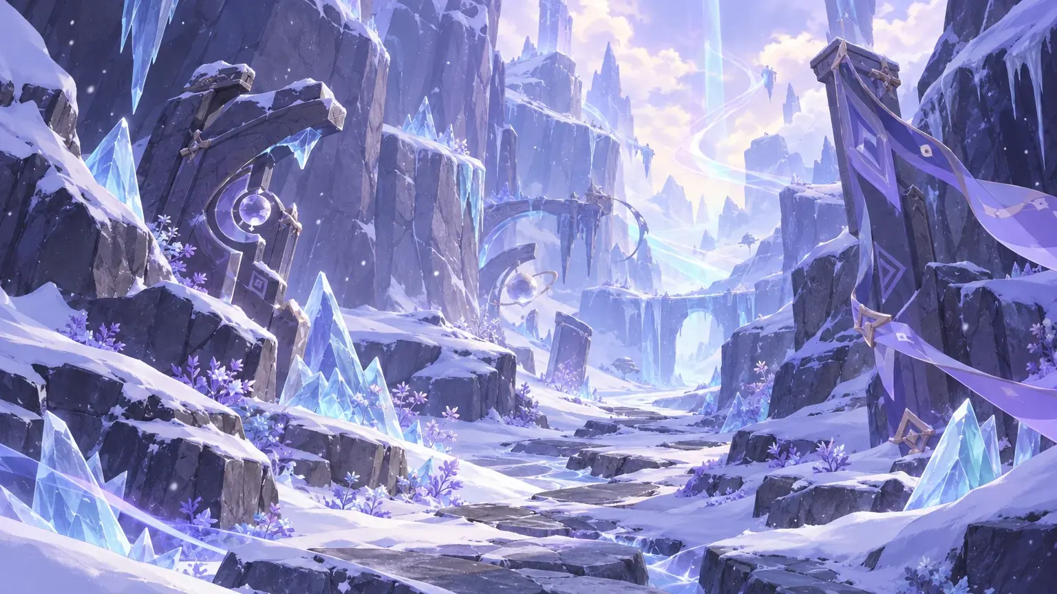 An icy corridor where the light gradually brightens from dim violet to pale cyan toward the far end.