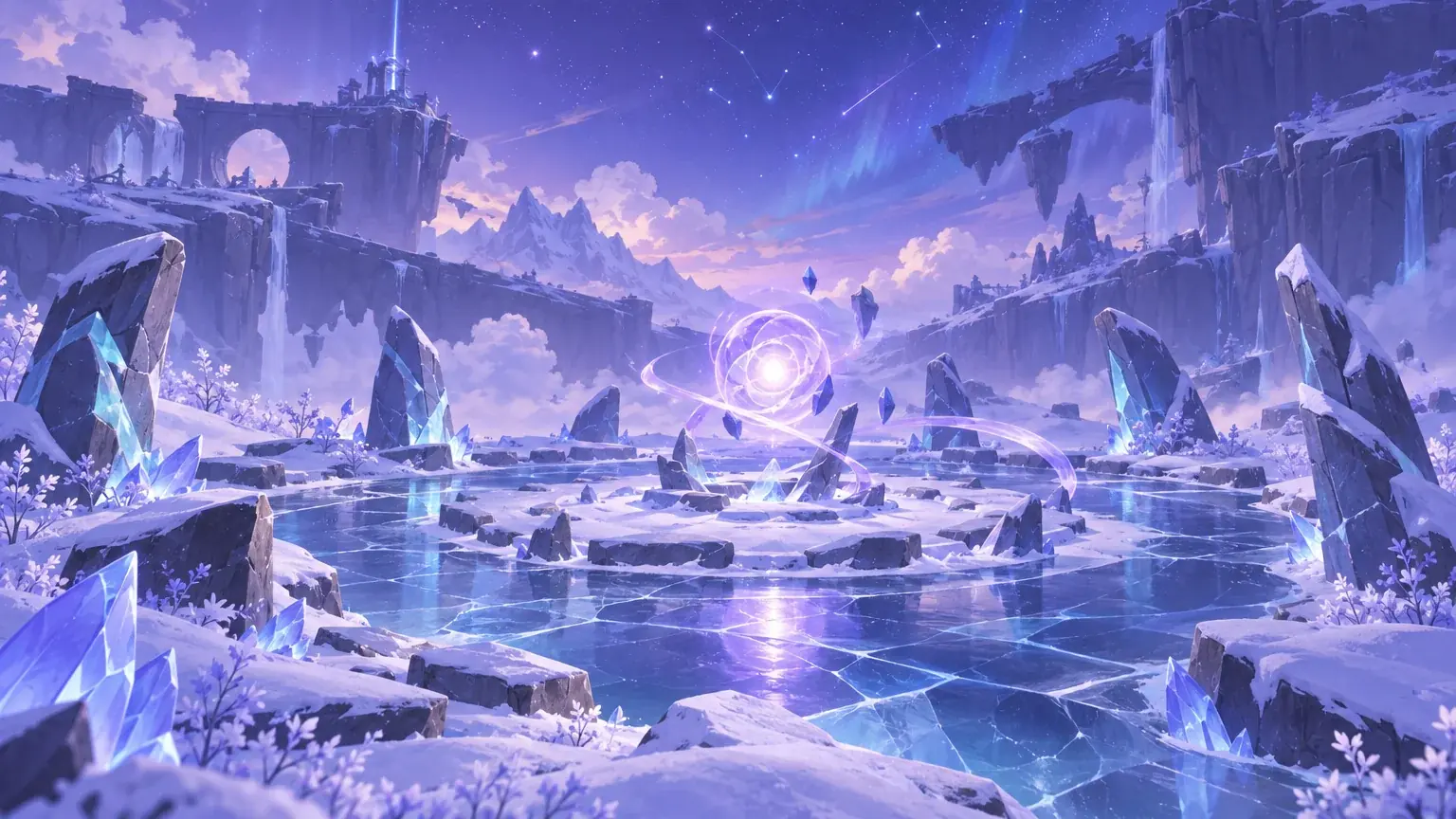 A circular snow clearing ringed with frost stones and a glowing orb at its center under a starry violet sky.