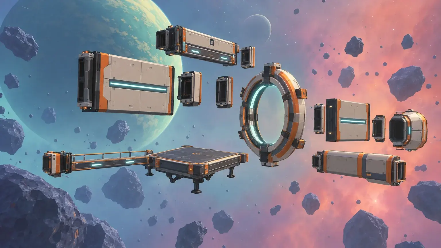 Modular building parts and a glowing portal frame assembled on a small floating platform in space.