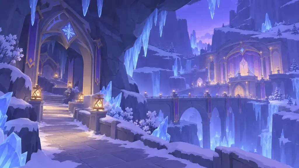 An ice-covered archway and lit stone bridge in a snowy cliffside city at dusk.
