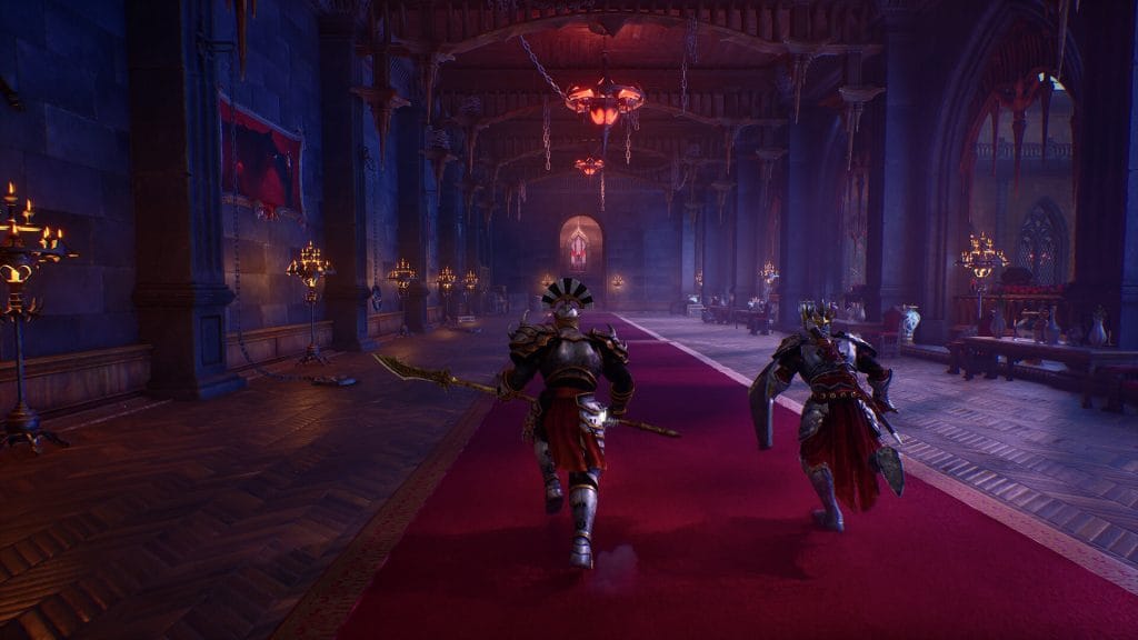Two knights walking the nave of the church hub in Crimson Moon