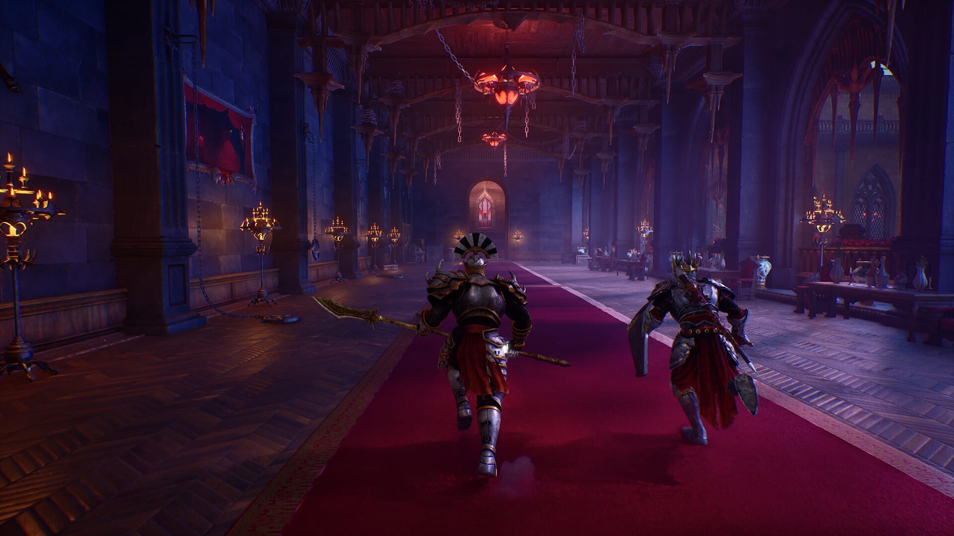 Two knights walking the nave of the church hub in Crimson Moon