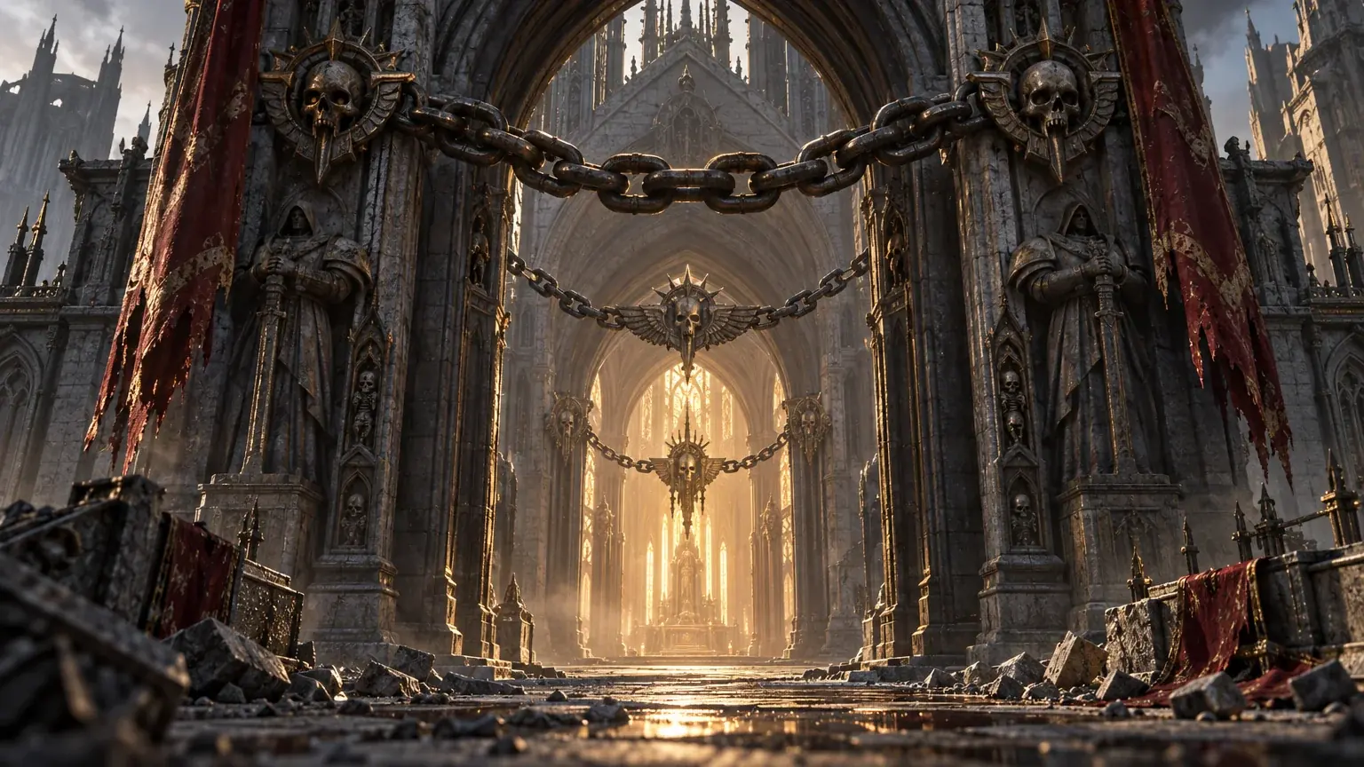 Heavy chains hung with skull icons strung across a gothic archway, thinner chains further in, and a candlelit altar glowing at the far end.
