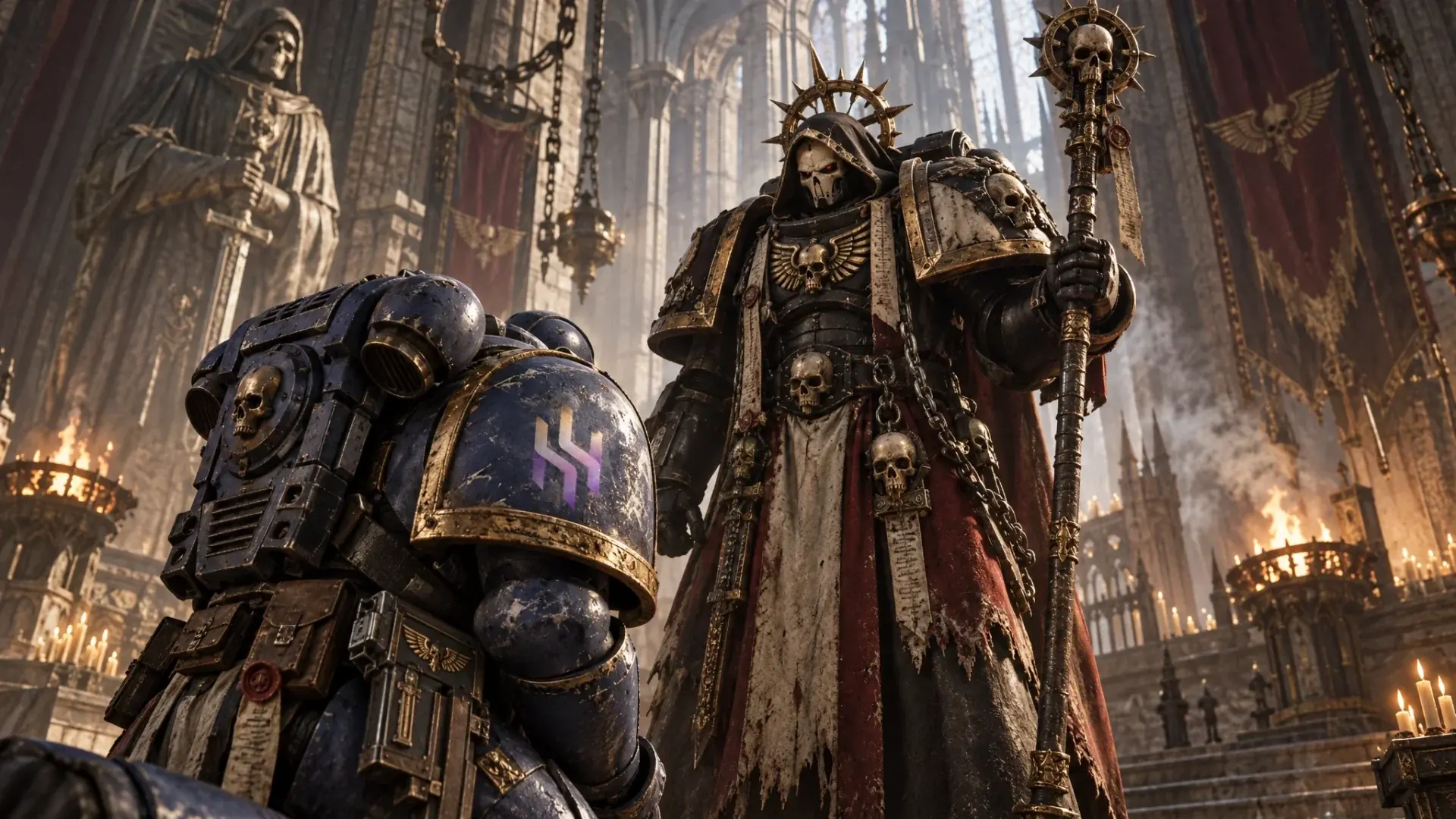 A Space Marine in blue power armour kneels, head bowed, before a skull-masked Chaplain holding a crozius in a candlelit gothic cathedral.