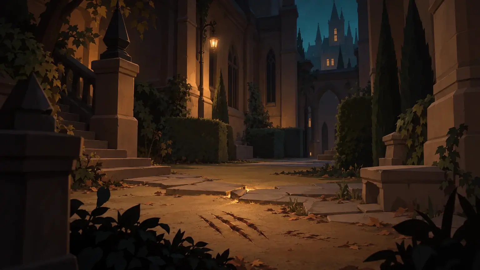 An empty courtyard at night with disturbed ground and a faint glow between paving stones.