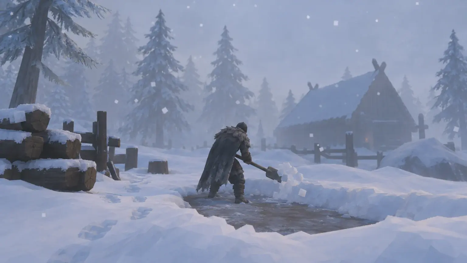 A person shovels snow off a patch of ground in a snowy forest clearing before building.