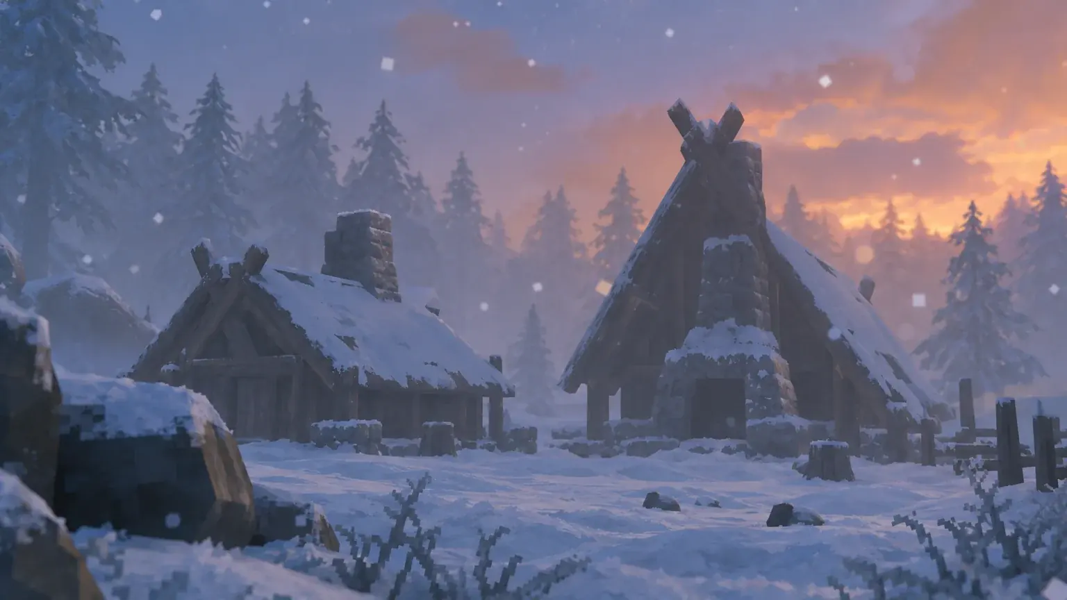 Two unlit stone and timber crafting structures stand covered in snow in a misty clearing.