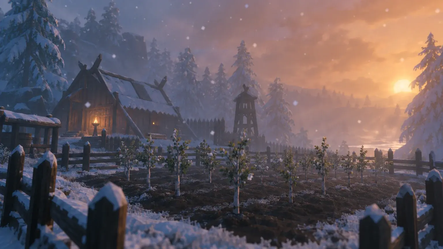 A snow-dusted plot of young timberwood saplings growing near a wooden outpost.