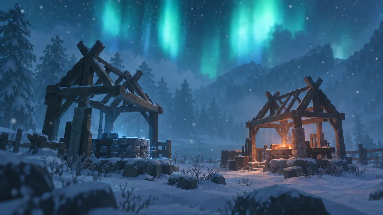 Two new timber and stone crafting structures standing in a snowy clearing, one glowing faintly blue and the other faintly orange.