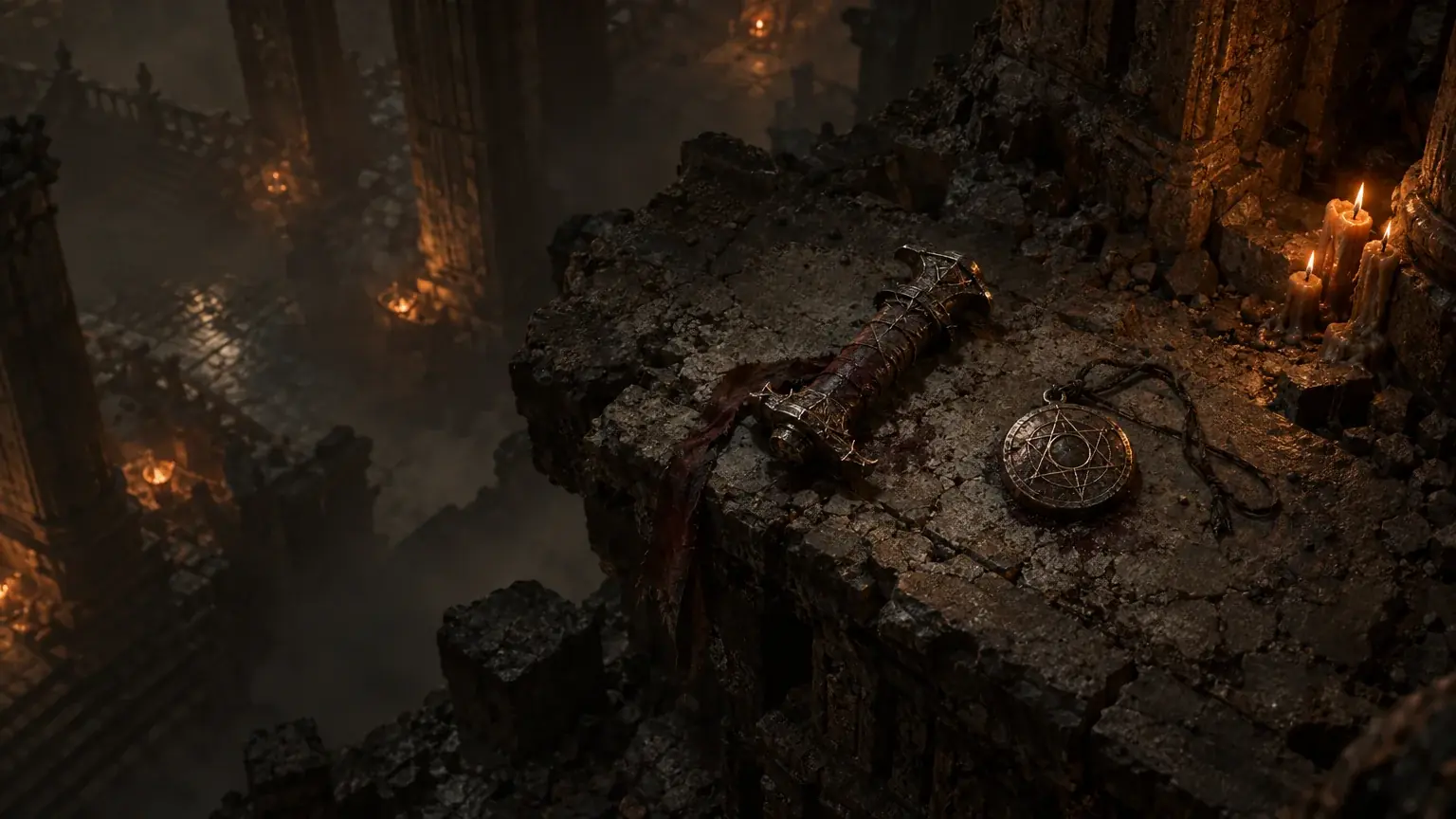 A weapon hilt and a small round talisman rest side by side on a cracked stone shelf.