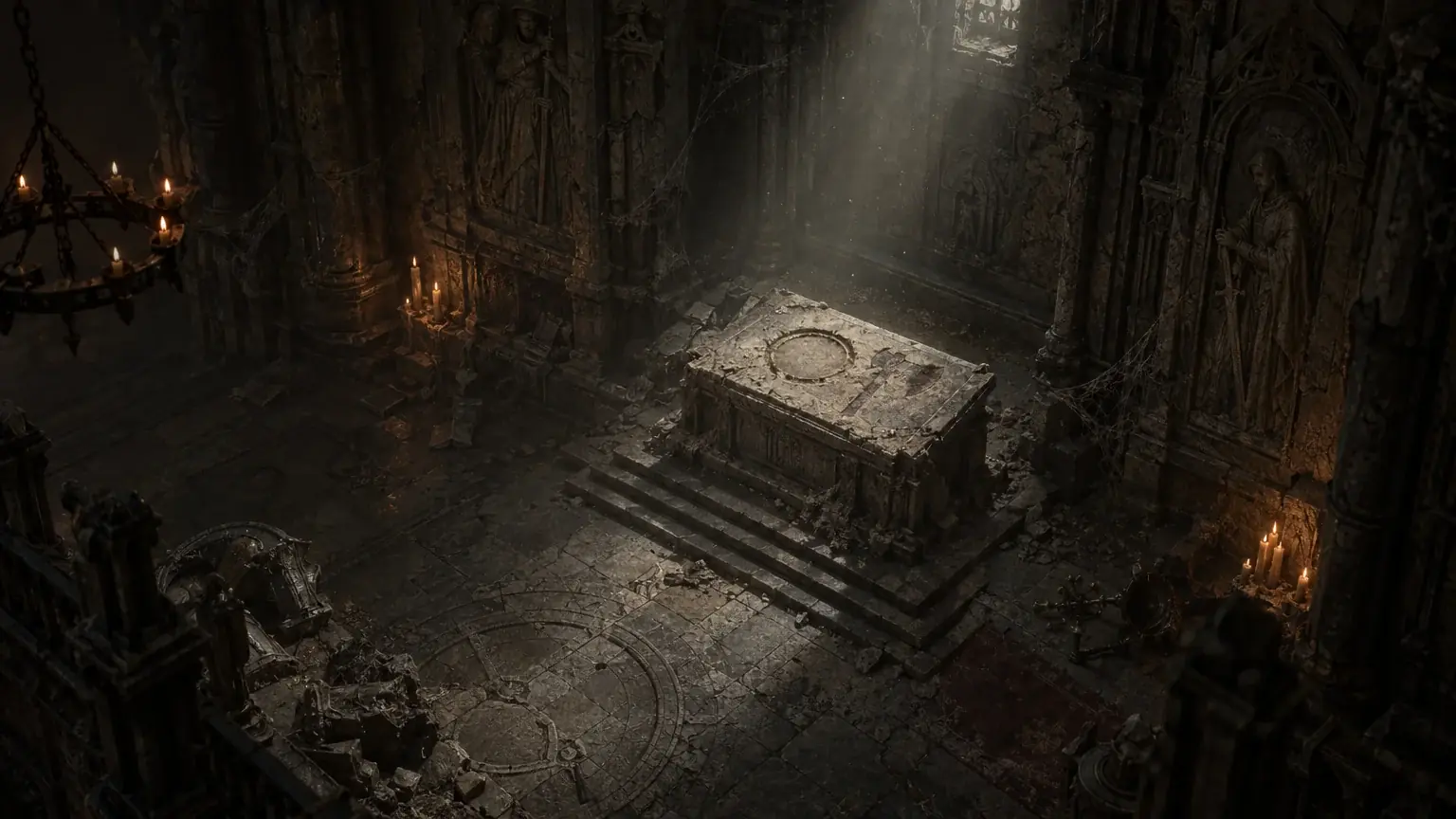 An empty stone plinth in a dim archive shows worn outlines where old relics once sat.