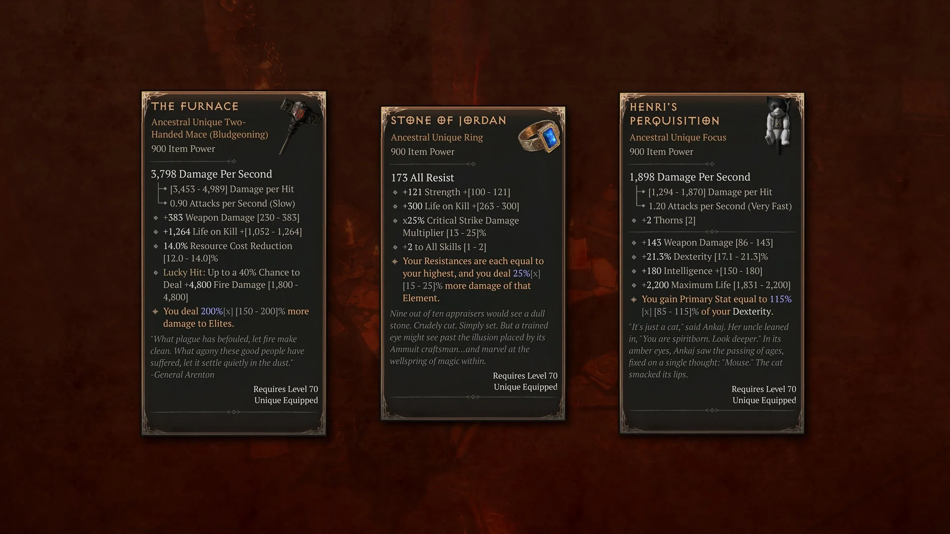 Diablo 4 item tooltips for The Furnace, Stone of Jordan and Henri's Perquisition on a red background
