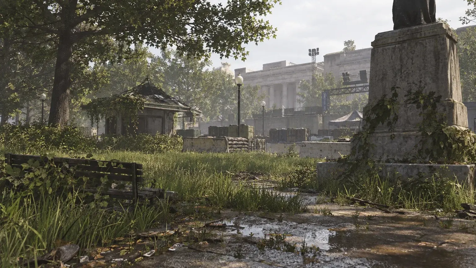 An overgrown park clearing with a statue, empty bench, and misty distant colonnaded building.