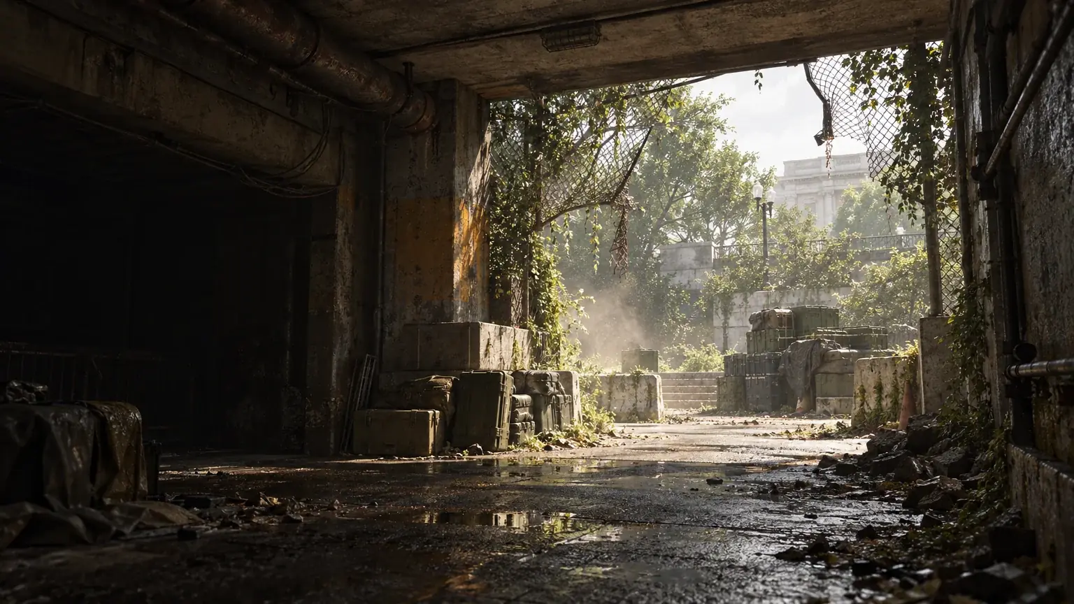 A dim overgrown tunnel transitions into a bright clearing with stacked crates and foliage.