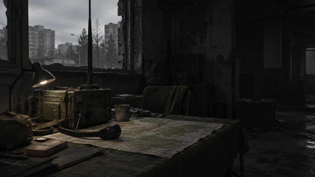 A dim abandoned room with a field radio, a desk lamp and a map on a table by a window over grey apartment blocks.