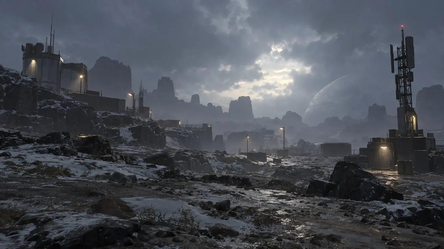 Helldivers 2-style illustration of an outpost and radio mast in a snowy canyon at dusk